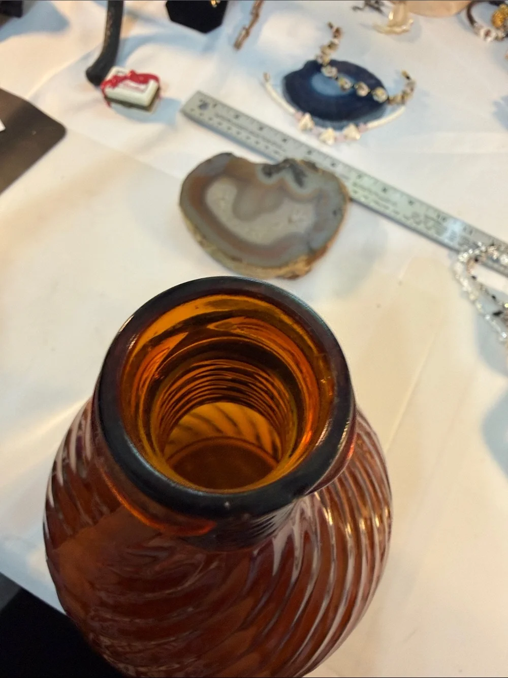 Vintage Owen’s-Illinois Amber Swirled Glass Bottle Guc 10” tall x 17.5” round